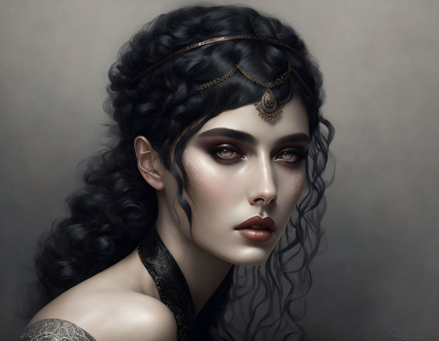 Dark-haired woman with striking makeup and ornate jewelry in a mystical royal vibe