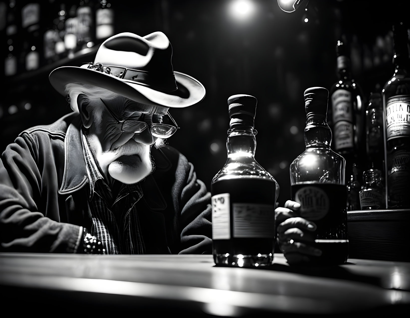 Elderly man in hat and glasses at bar with whiskey bottles