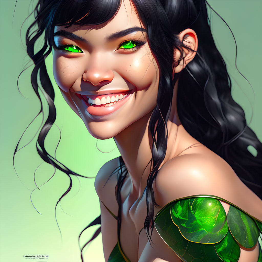 Portrait of a woman with green eyes, freckles, and a bright smile in green shoulder piece