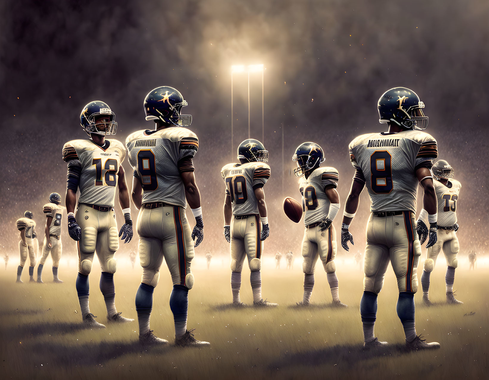 Football team in uniform huddles under bright lights on misty field