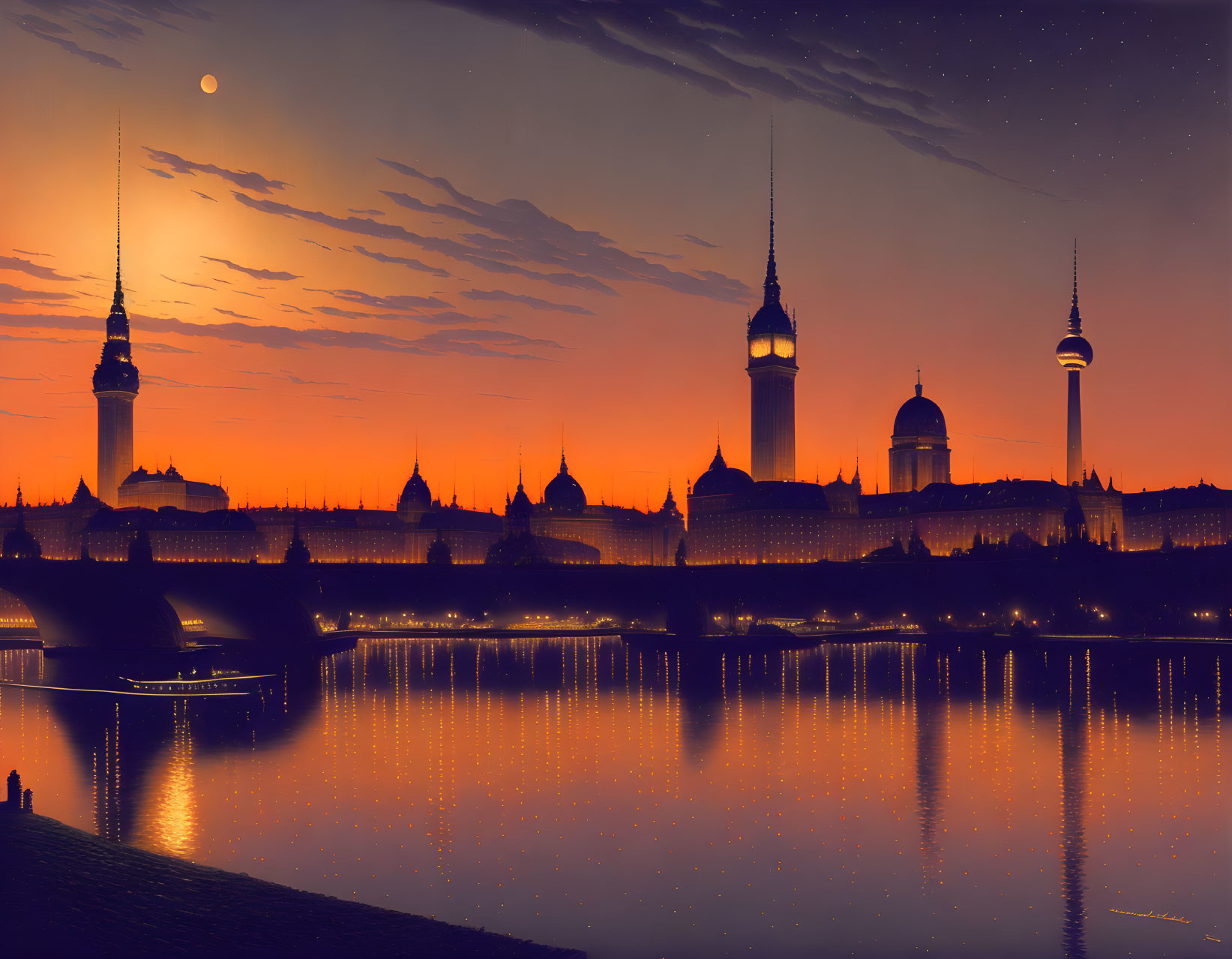 City skyline with silhouetted spires, domes, and towers at twilight