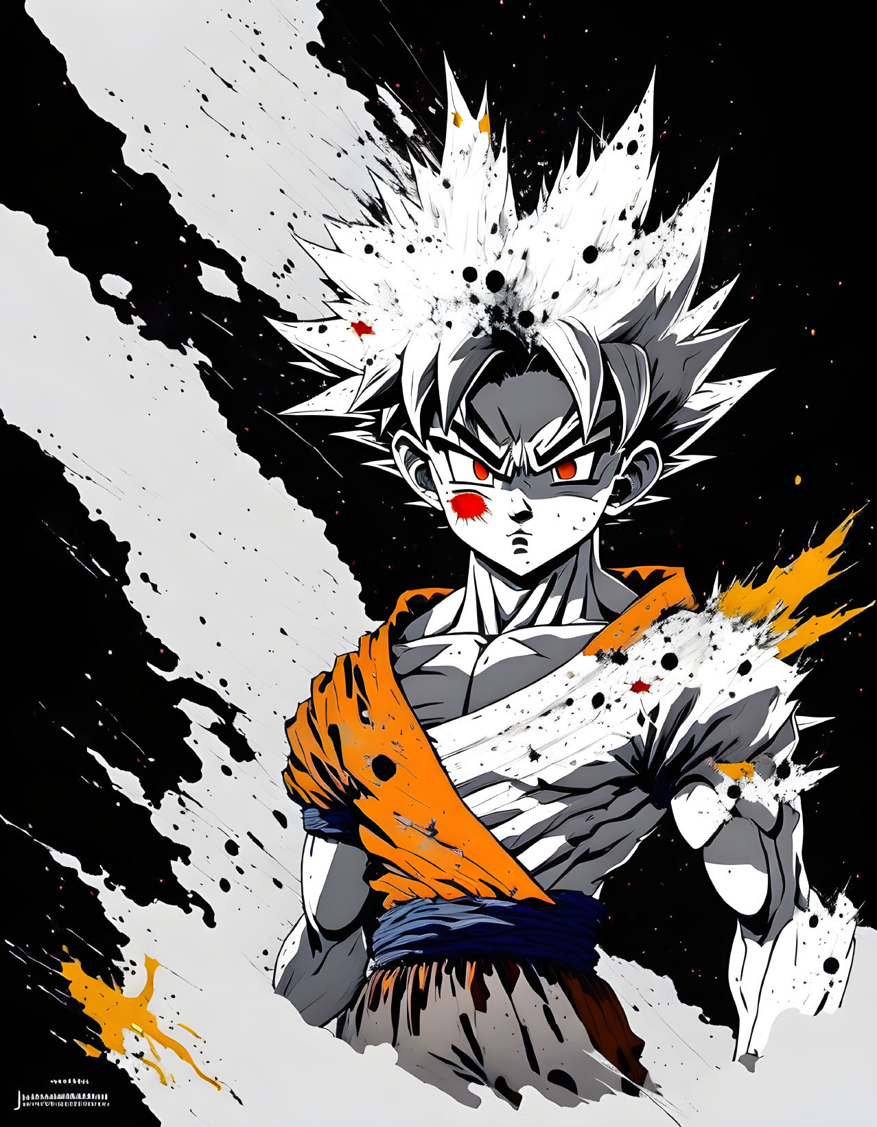 Anime character with spiky hair in orange outfit on splattered background