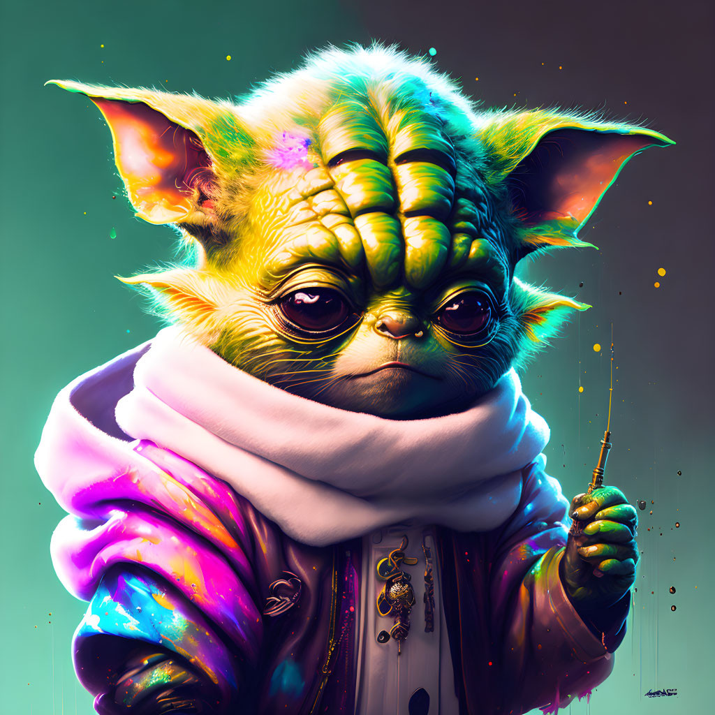 Vibrant digital art: Young Yoda-like character in stylish outfit with wand