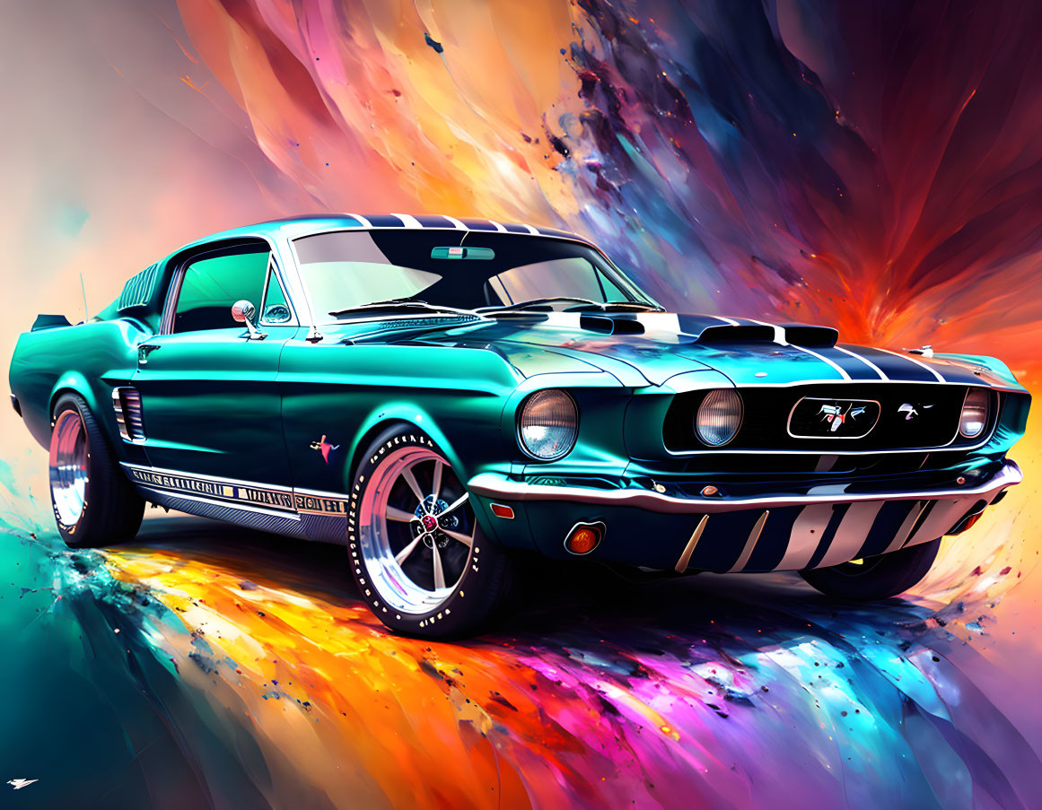 Classic Ford Mustang with teal paint and racing stripes on colorful abstract background