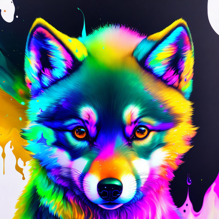 Colorful neon fox art with bold blues, pinks, and yellows on a dark background