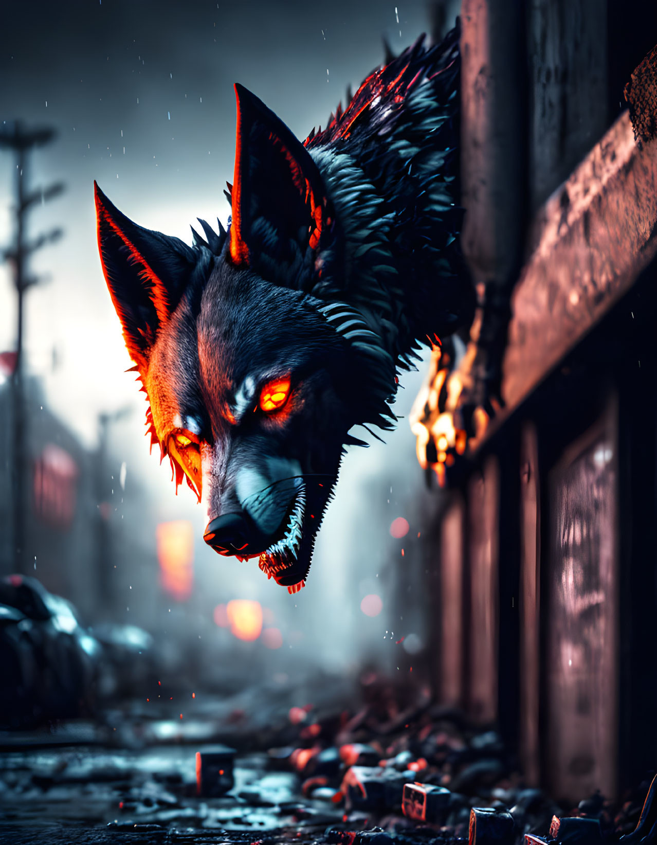 Digital illustration: Wolf with red glowing eyes in urban alleyway.