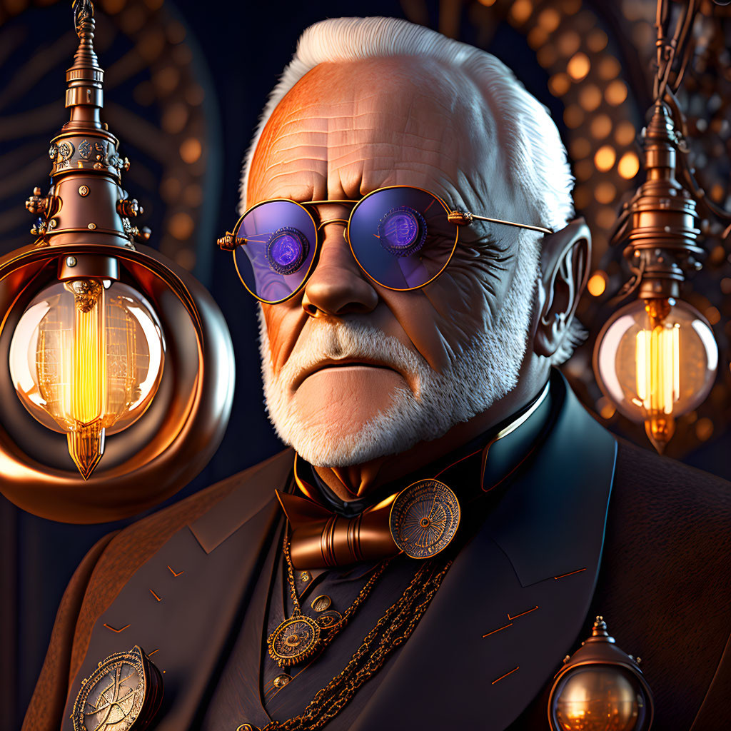 Sophisticated elderly man in purple-tinted round glasses with vintage lamps and ornate backdrop