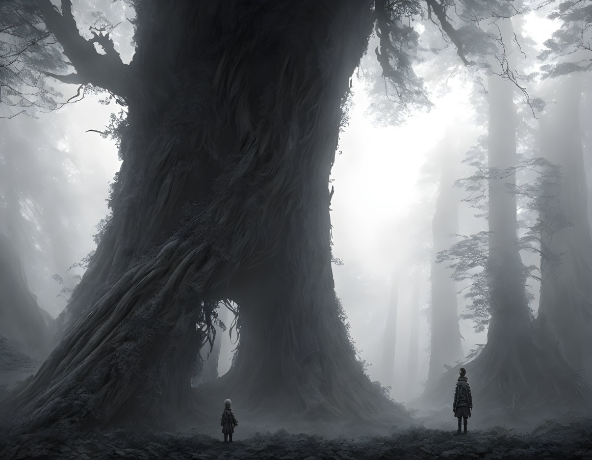 Misty forest scene with two individuals among colossal trees