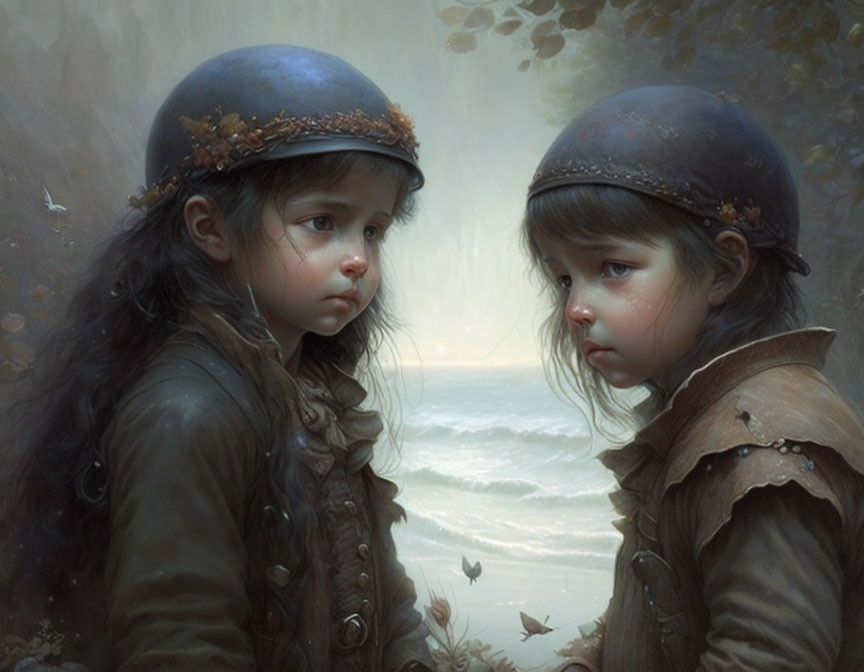 Two somber young girls in old-fashioned military uniforms by misty sea