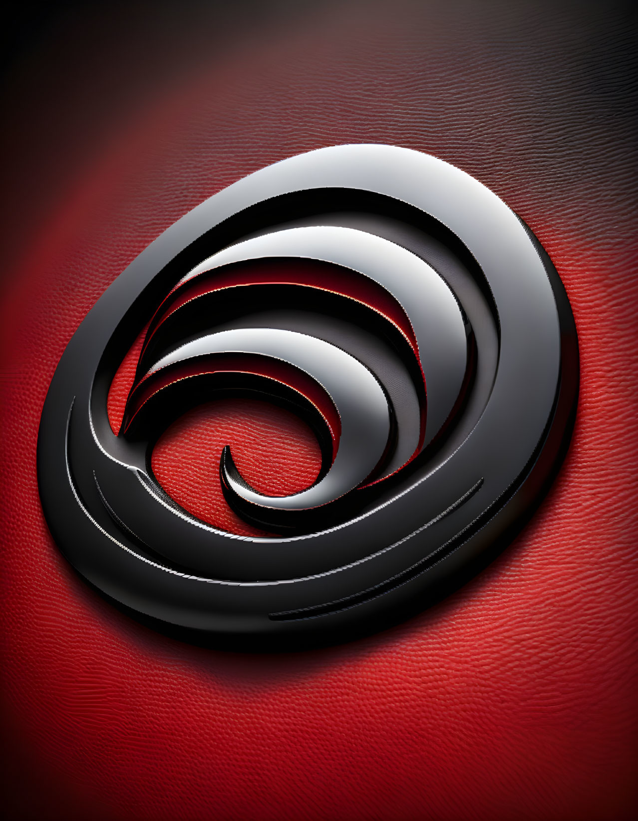 Metallic 3D logo with swirls on red textured background