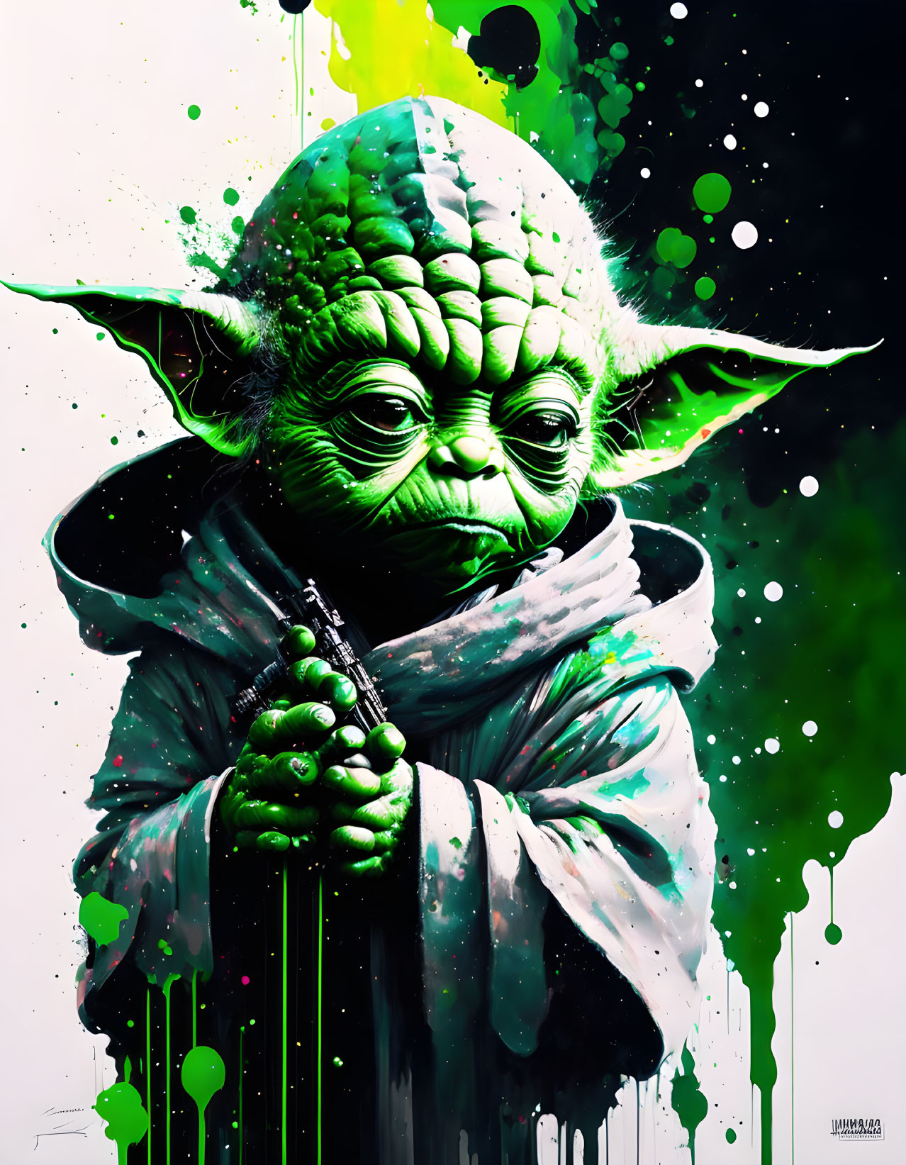 Vibrant Yoda Artwork with Green and White Splatter Effects