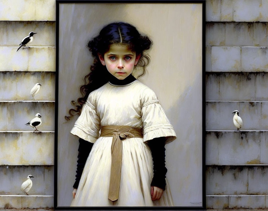 Portrait of young girl with dark hair and large eyes in white dress with birds on wall.