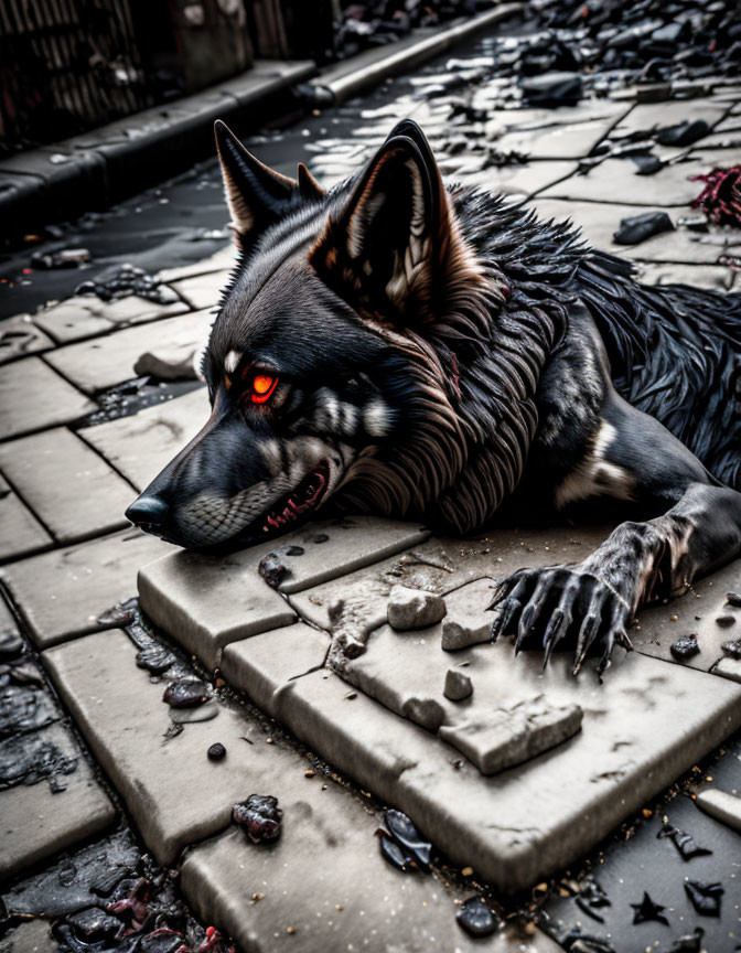 Menacing black wolf with red eyes on cobblestones in dark setting