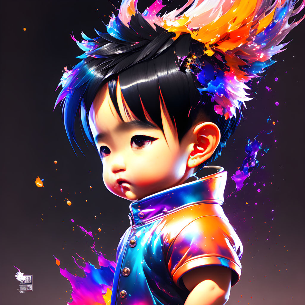 Colorful Child Digital Artwork with Vibrant Hair and Rainbow Jacket