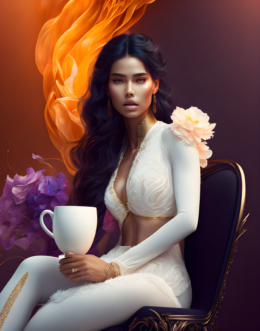 Woman with flowing hair on fire holding a white cup surrounded by flowers on brown background