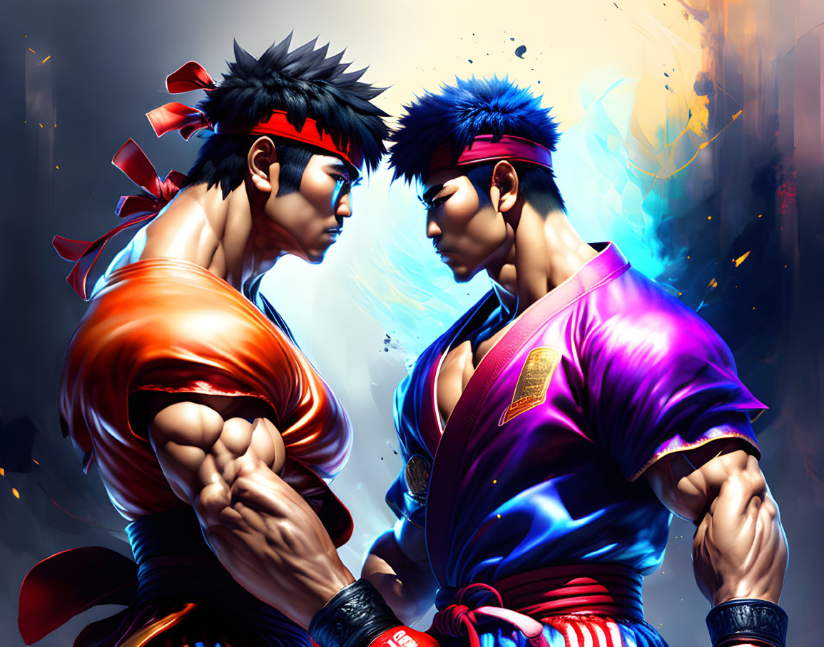 Animated martial artists in orange and blue gis face off with intense expressions against fiery background