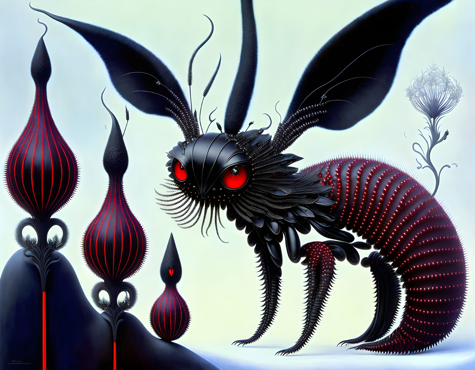 Stylized creature with large ears and red eyes in surreal artwork