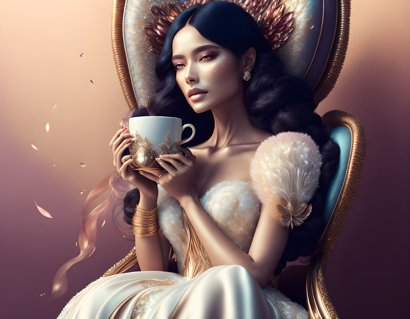 Dark-haired woman in elegant dress seated on ornate chair with cup, warm backdrop.