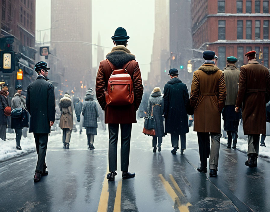 Stylish person with red backpack in snowy city street