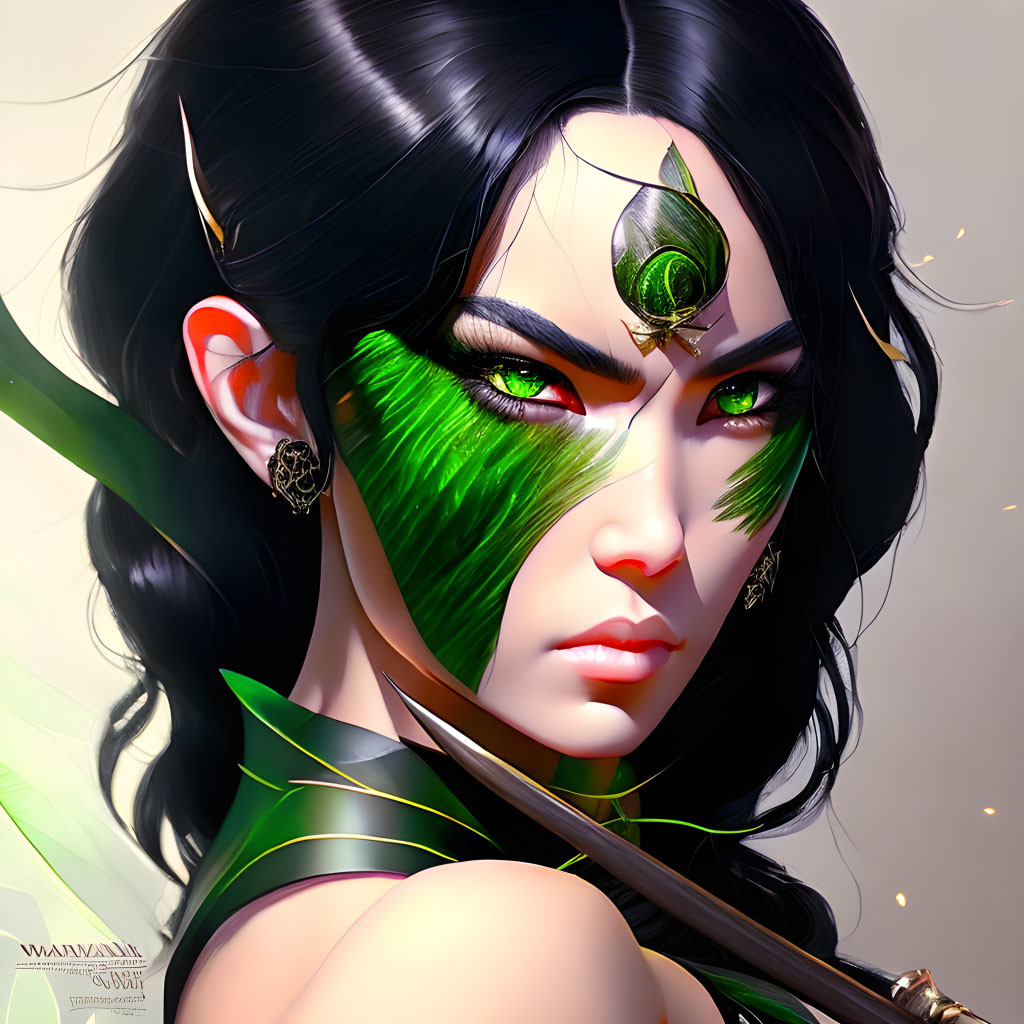 Digital artwork: Woman with green eyes, gem on forehead, pointed ears - fantasy elfin warrior.