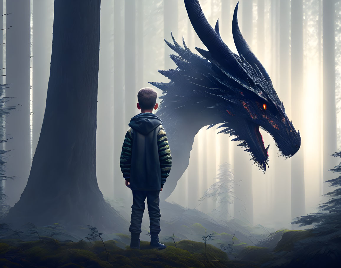 Boy meets dragon in misty forest with glowing red eyes