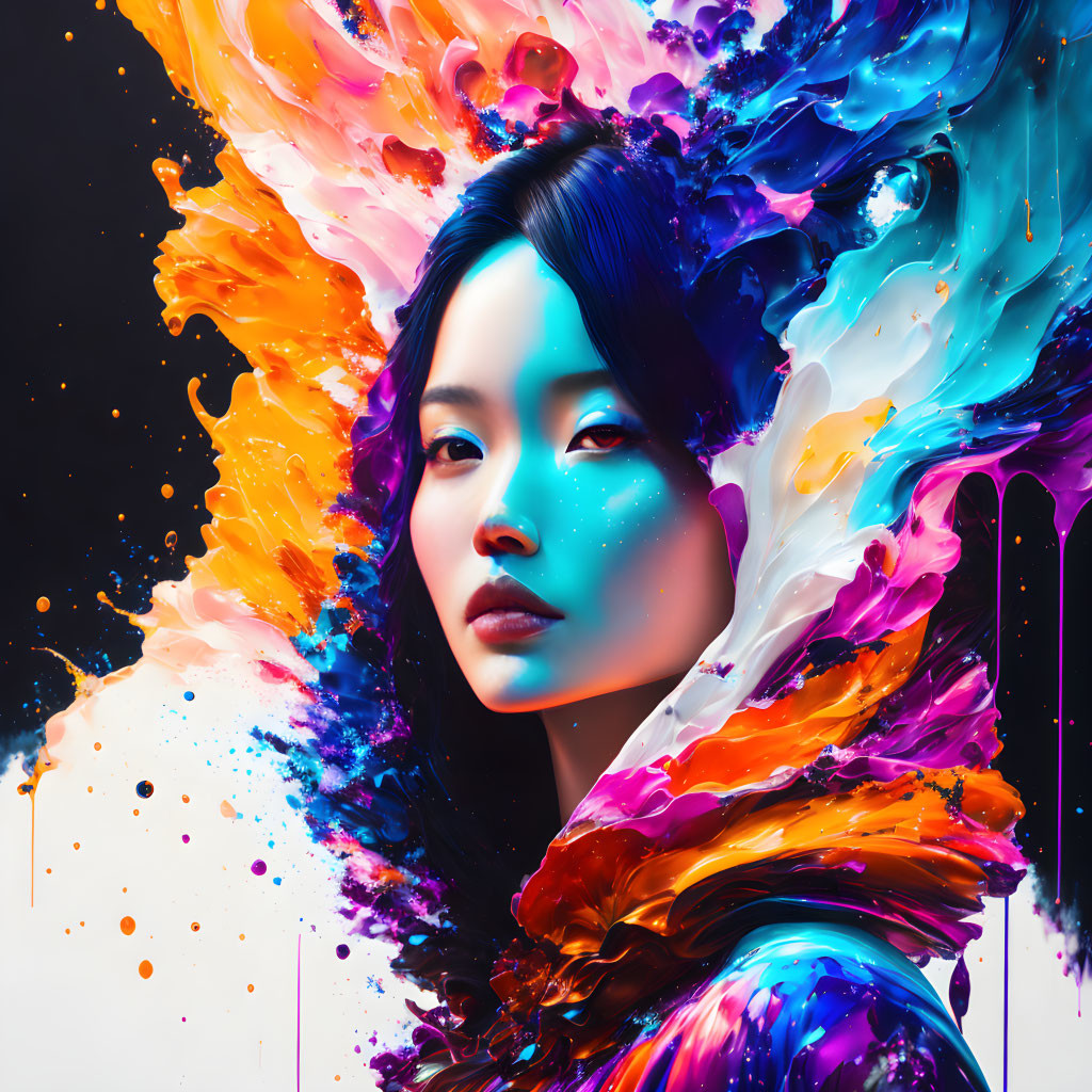 Serene woman surrounded by vibrant colorful paint explosion