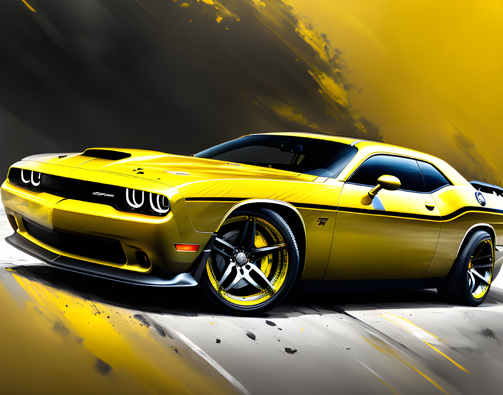 Yellow Muscle Car with Black Stripes on Abstract Background