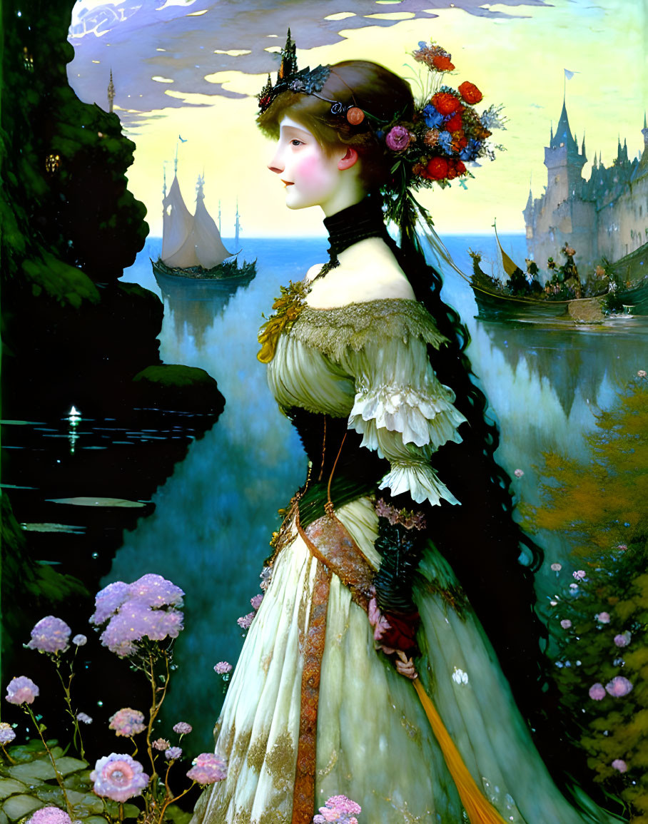 Vintage-dressed woman with floral headpiece in fantasy castle backdrop