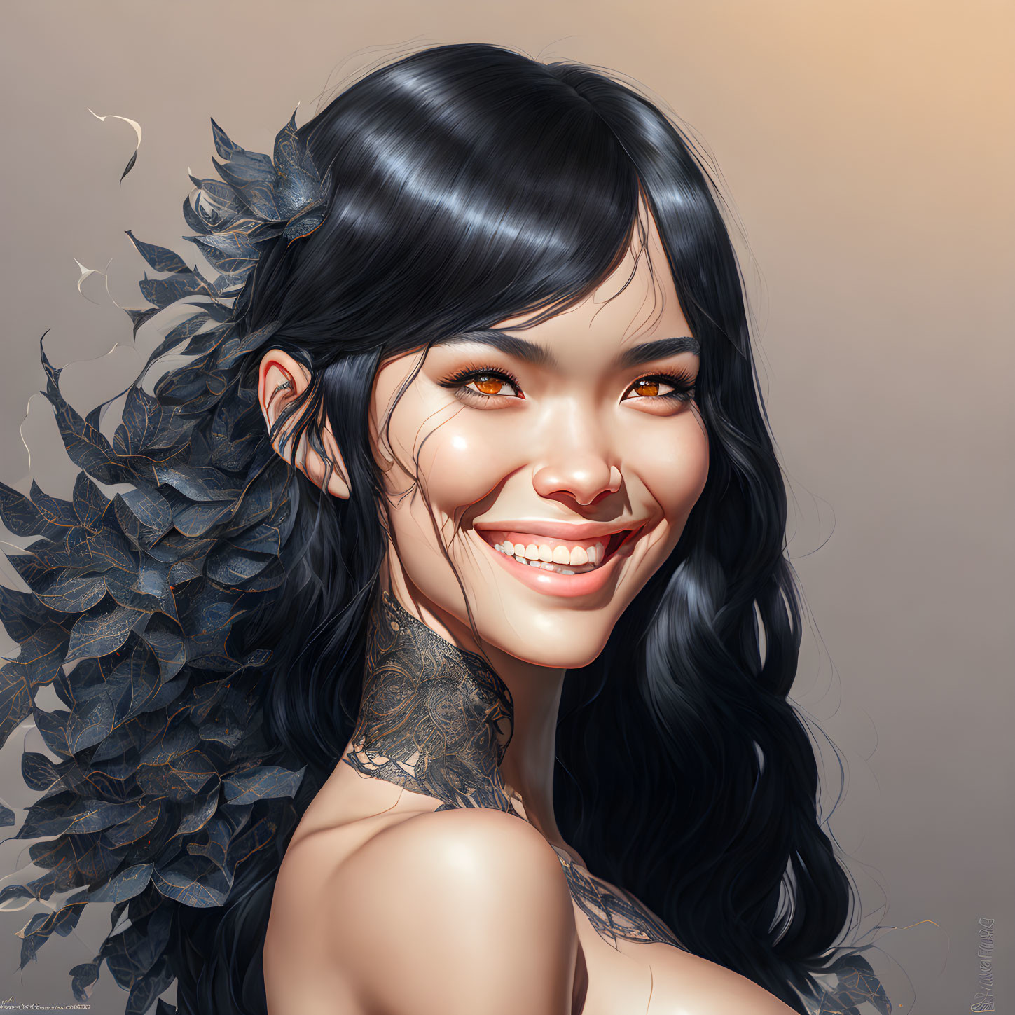 Smiling woman digital artwork with dark hair and leaf embellishments