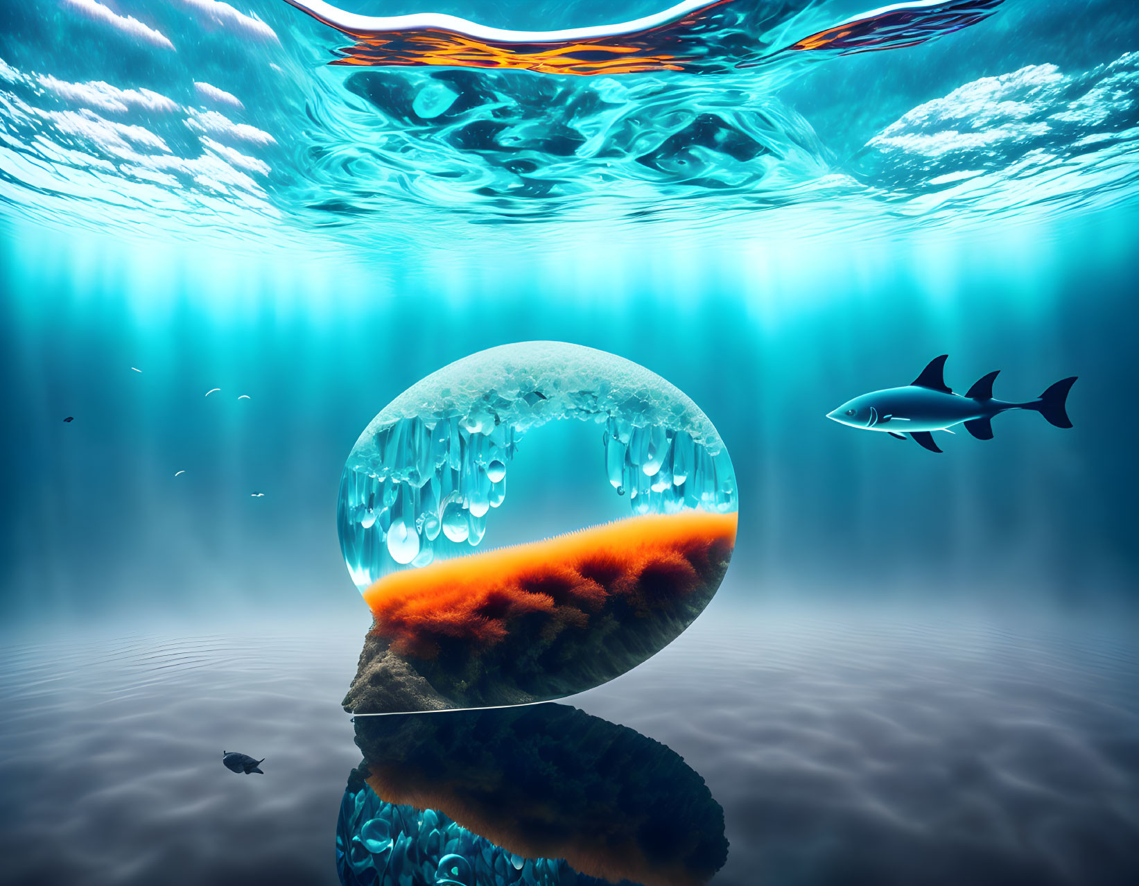 Surreal underwater scene with fish, icy sphere, and wavy ocean surface