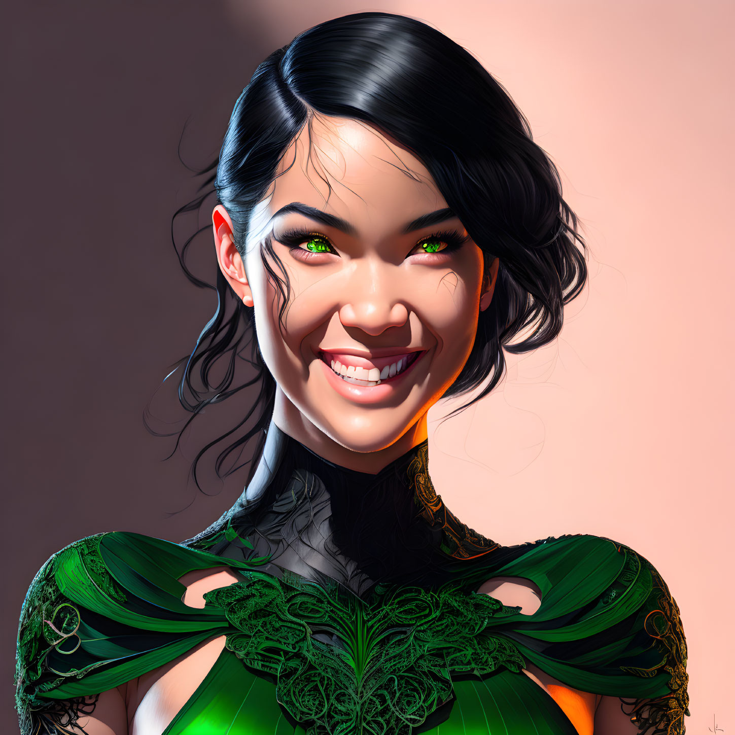 Digital portrait of smiling woman with black hair, green eyes, and elaborate green dress on pink background