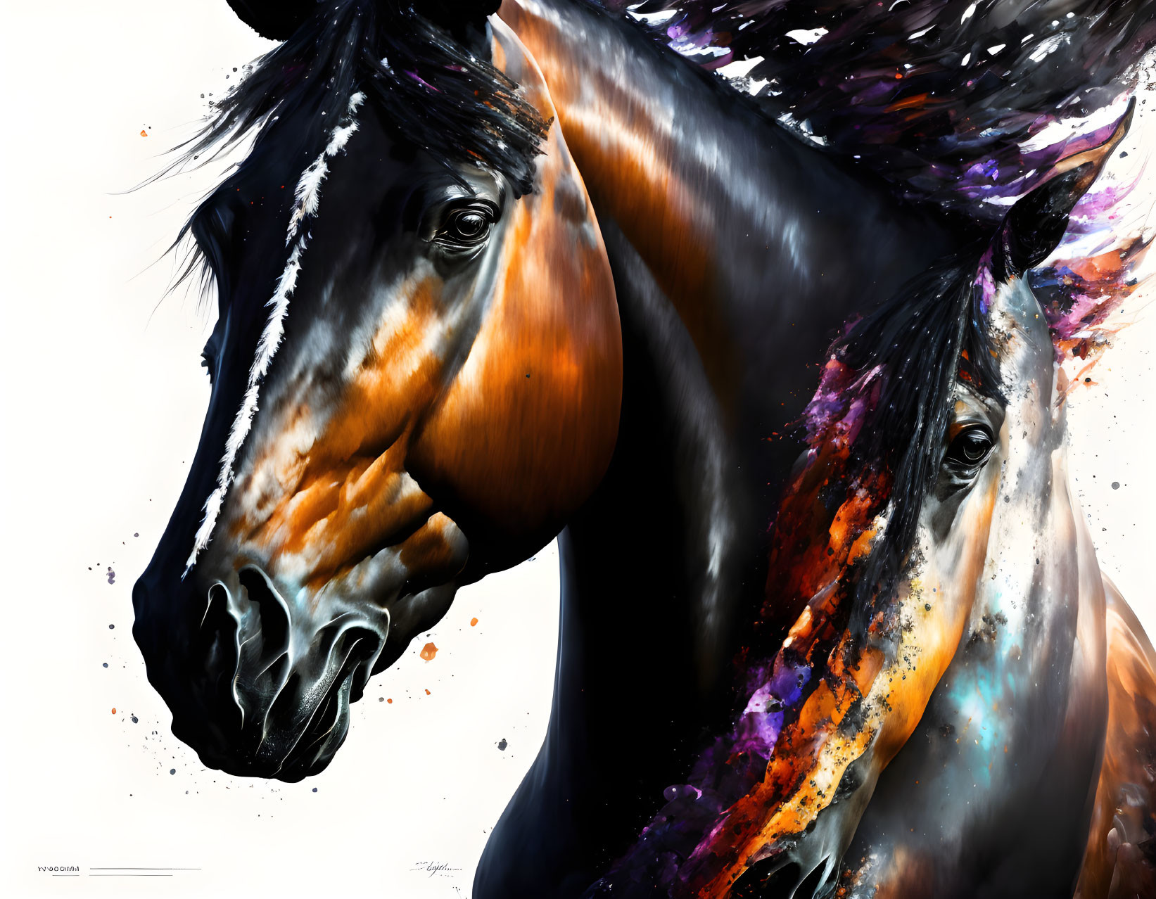 Colorful digital artwork: Two horse heads with dynamic splashes on dark coats