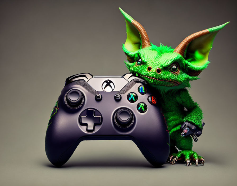 Green Dragon-Like Creature with Horns Holding Xbox Controller