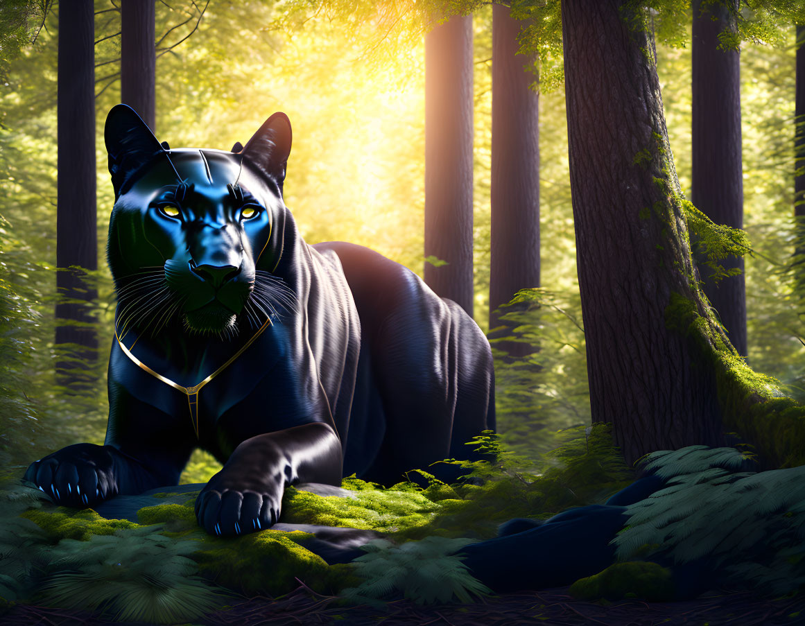 Majestic black panther with blue eyes in sunlit forest