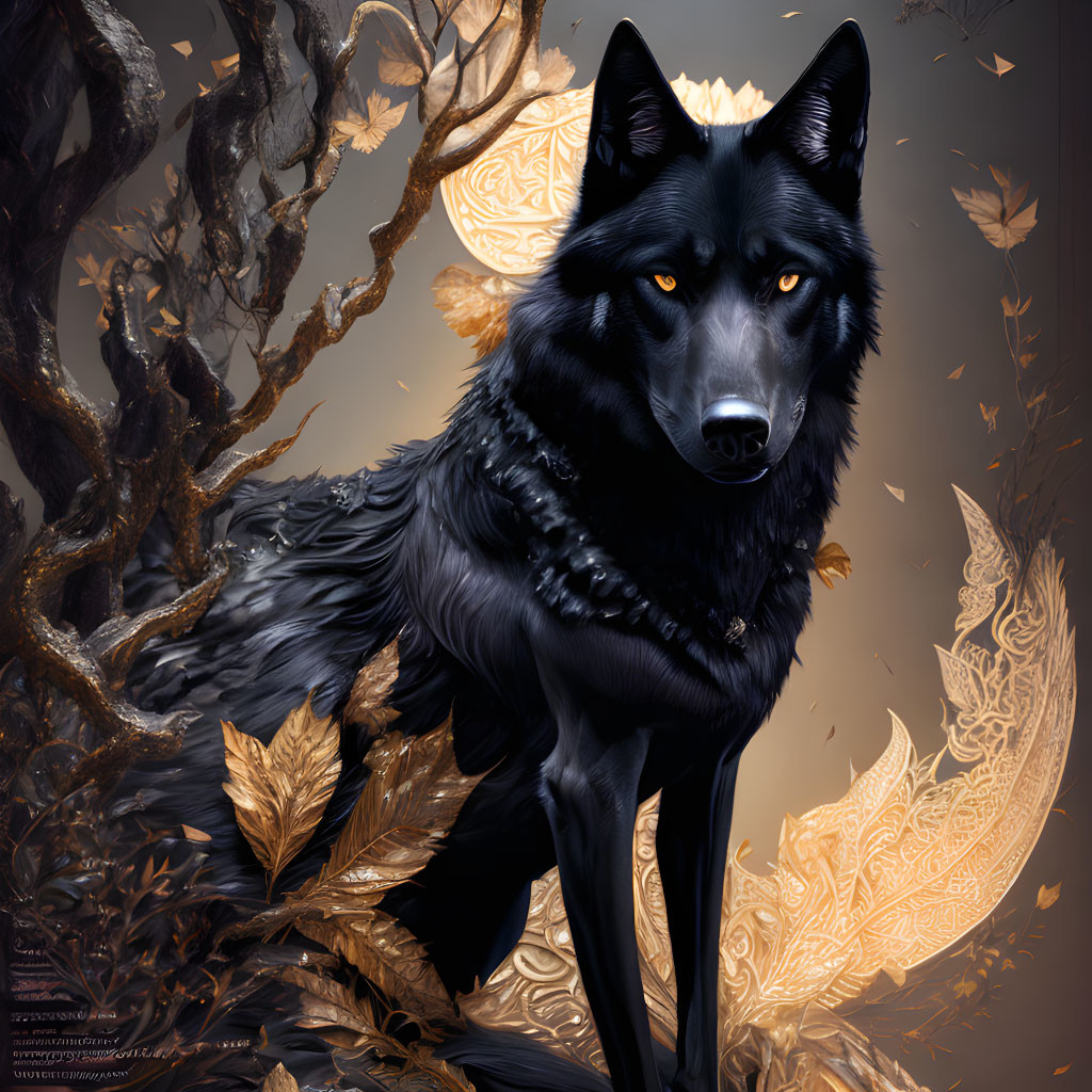 Majestic black wolf in autumn foliage with swirling golden leaves