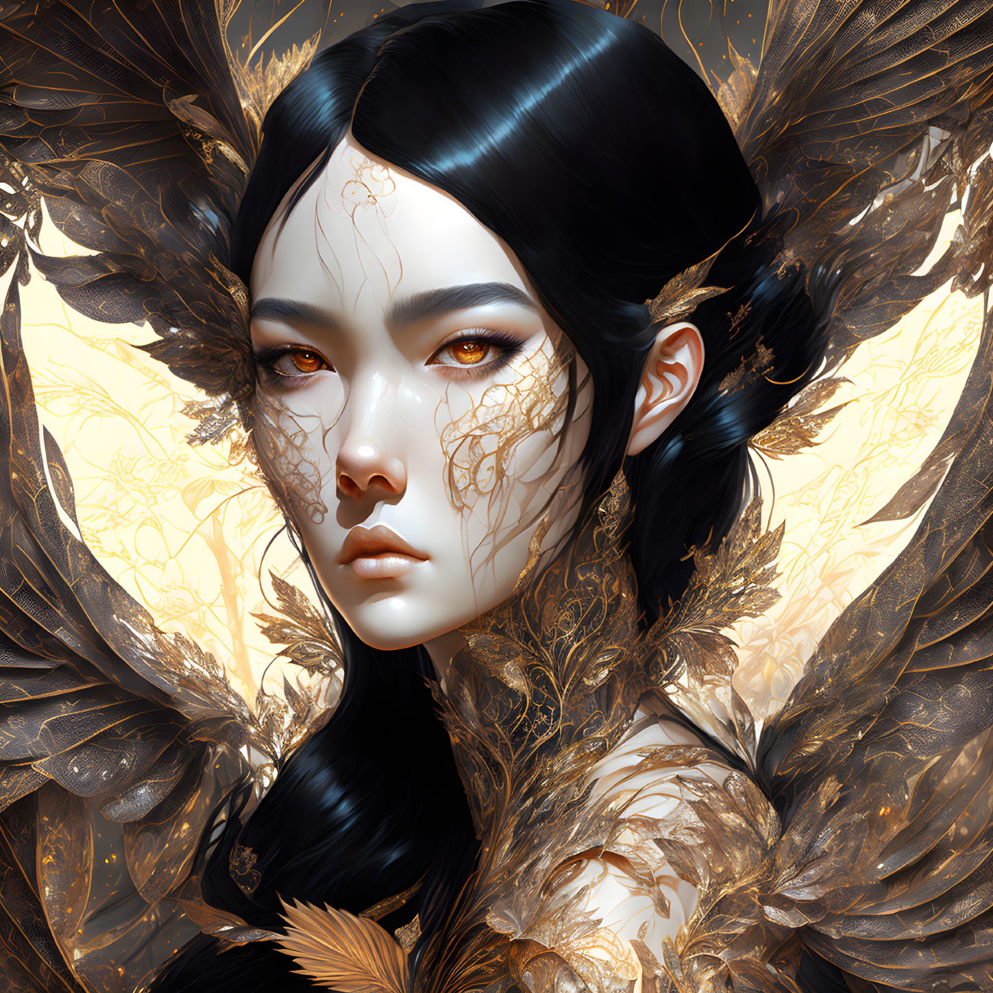 Digital portrait of a woman with gold feathered wings and intricate facial designs