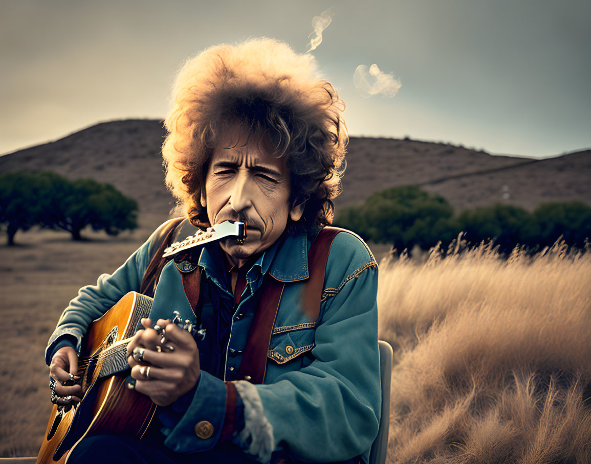 Curly-haired person plays guitar and harmonica in field with trees, smoke rising