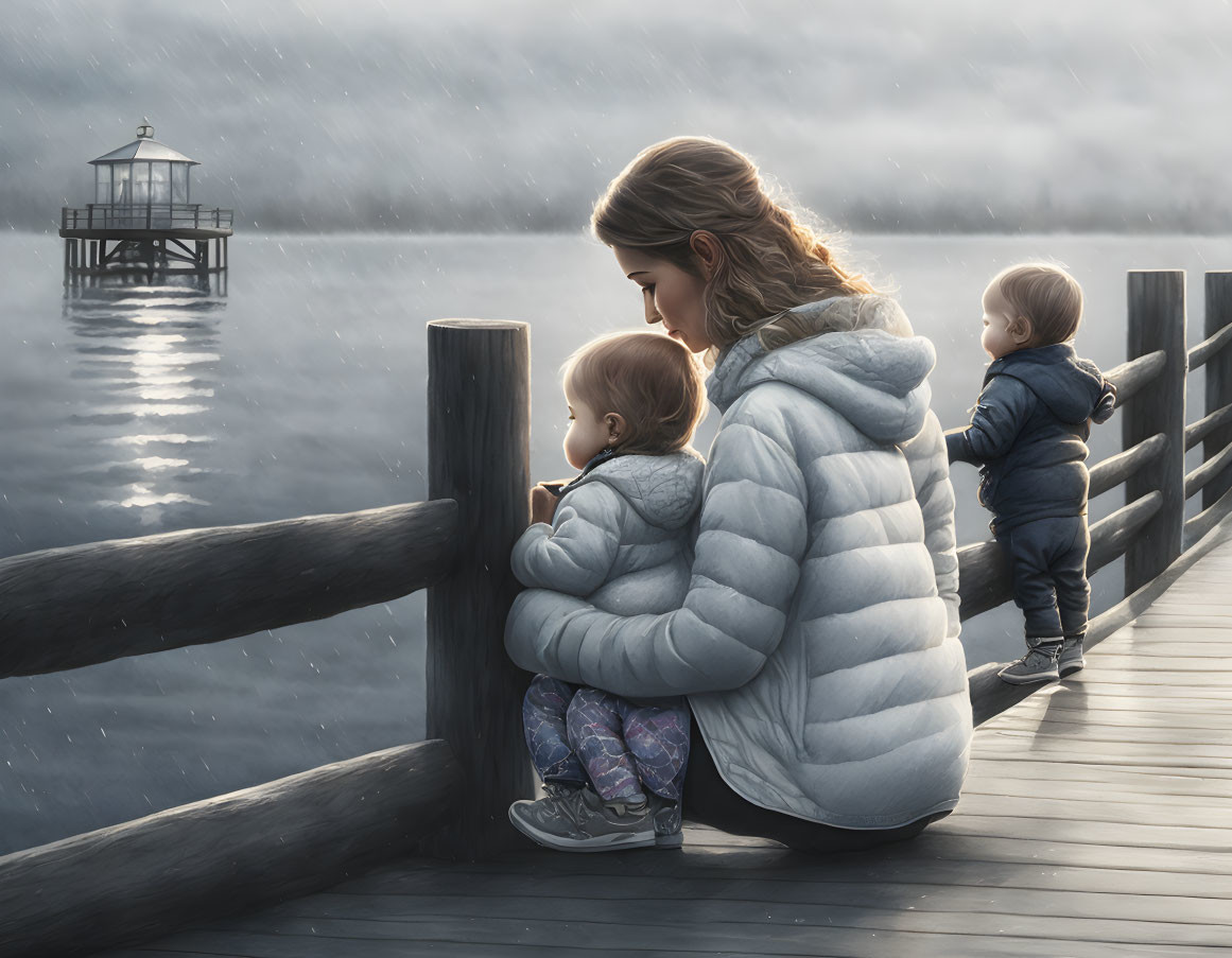 Woman and children on wooden pier by lake with light snow, looking at distant lighthouse