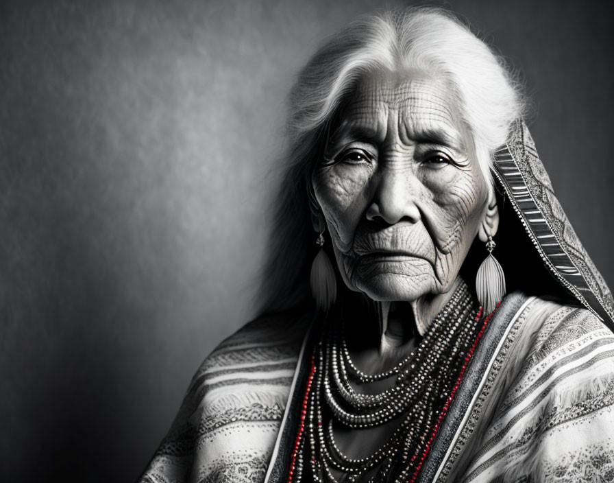 Elderly woman in traditional attire and jewelry against grey backdrop