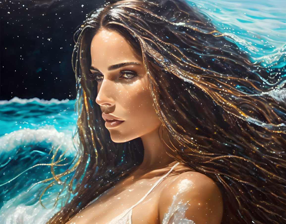 Digital artwork: Woman with flowing hair, water droplets, ocean waves