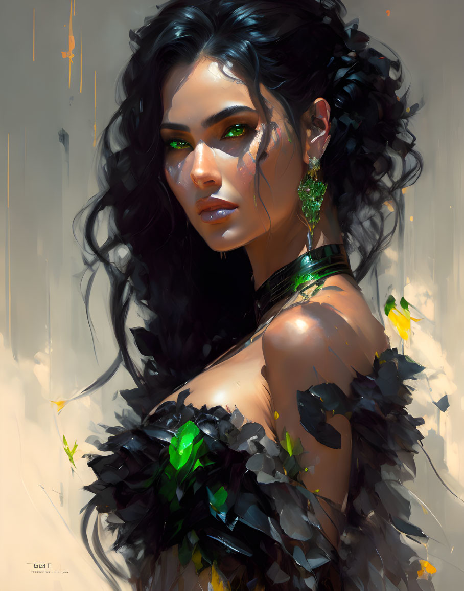 Digital portrait of a woman with long black hair, intense gaze, green jewelry, feathers, and jewel