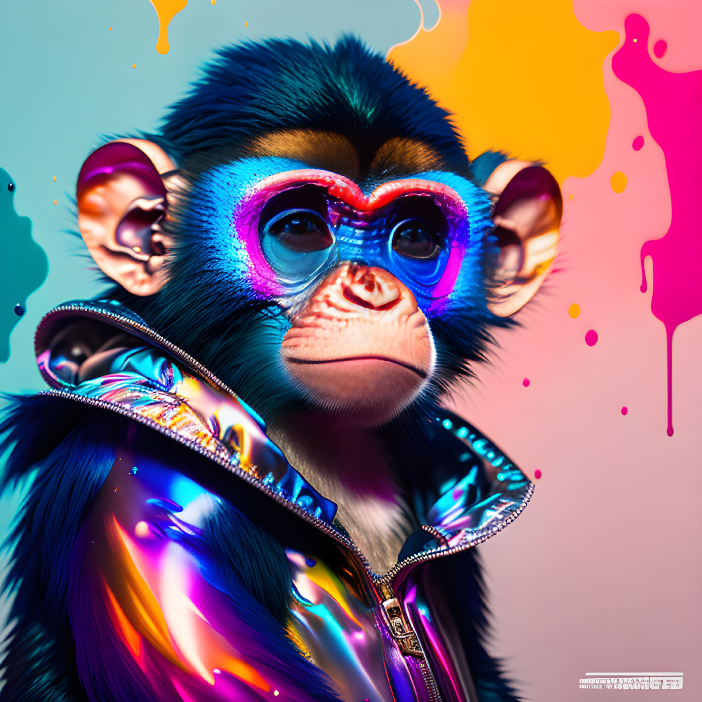 Colorful Monkey with Neon Glasses and Shiny Jacket on Vibrant Paint Splatter Background