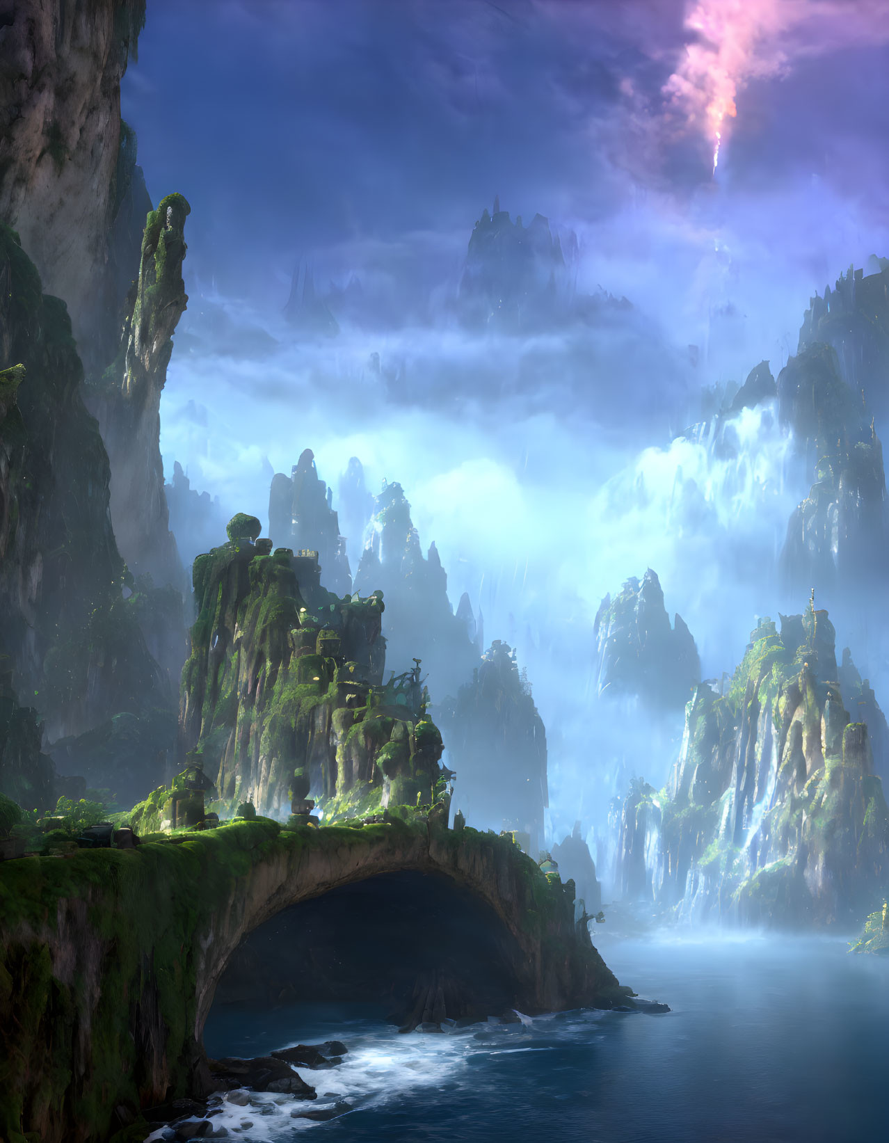 Mystical landscape with towering cliffs, misty forests, waterfalls, and purple sky