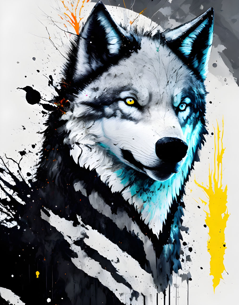 Detailed Wolf Artwork with Blue Eyes and Monochrome Palette