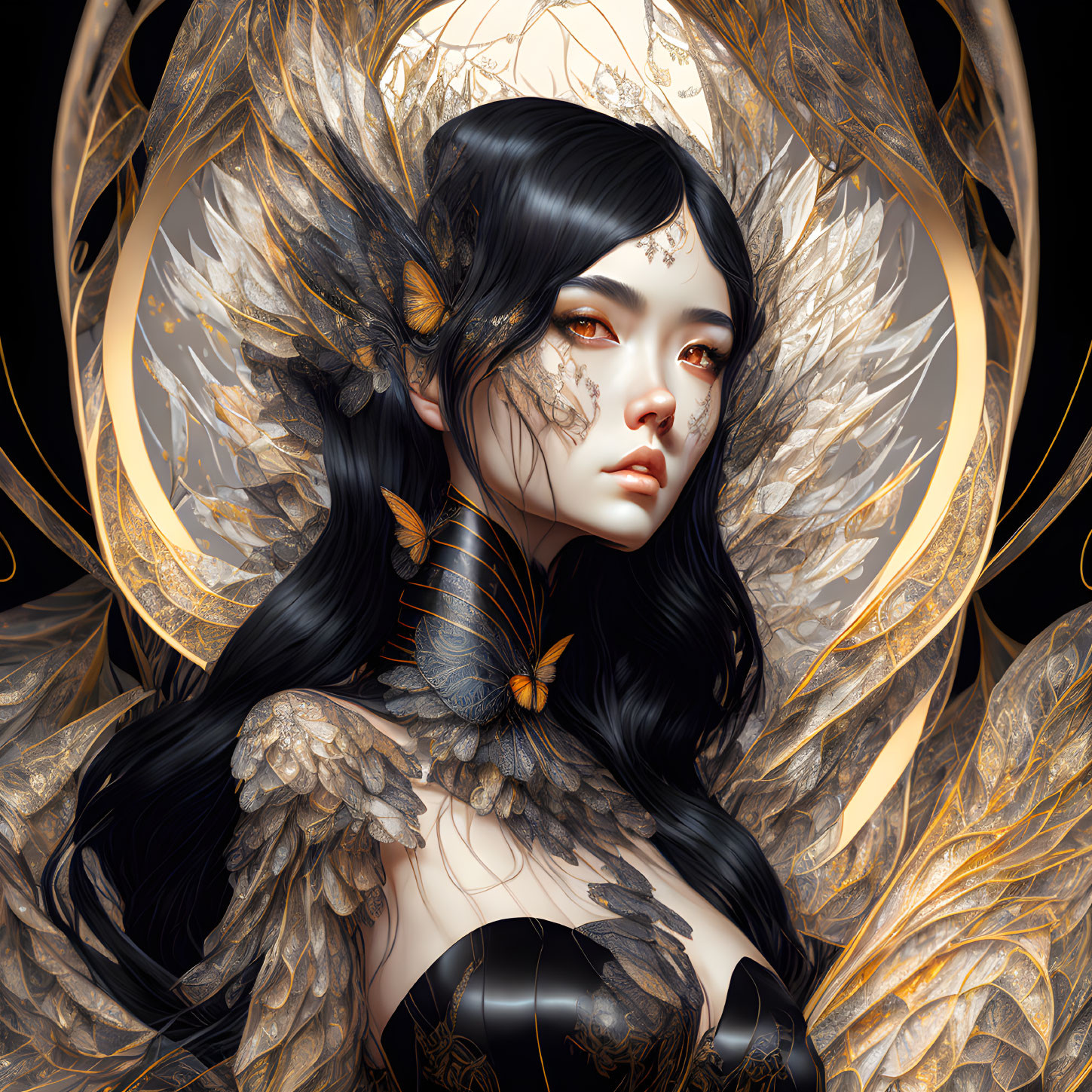 Digital artwork: Woman with black hair, golden feathers, butterflies - mystical ambiance