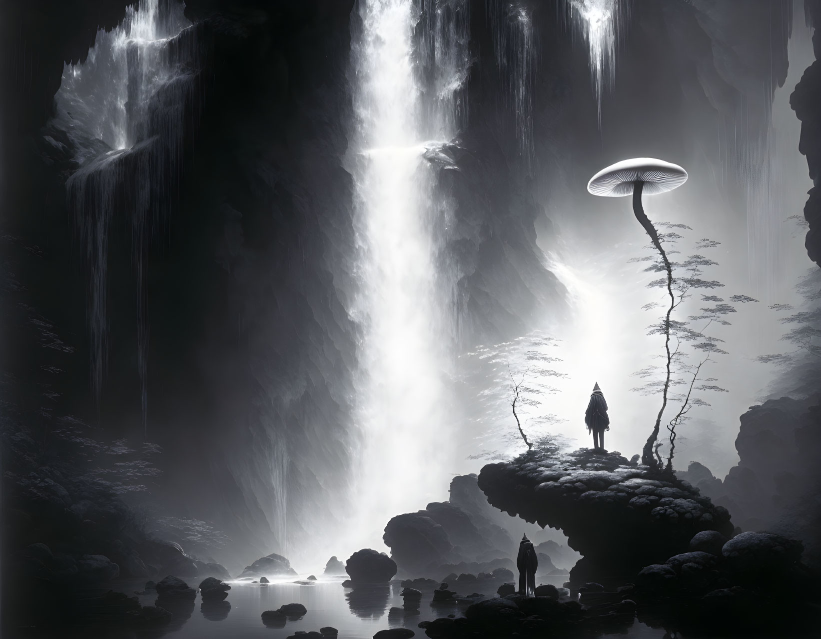 Monochromatic mystical scene with figures, glowing mushroom, waterfalls.