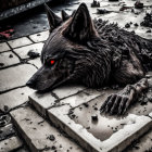 Menacing black wolf with red eyes on cobblestones in dark setting