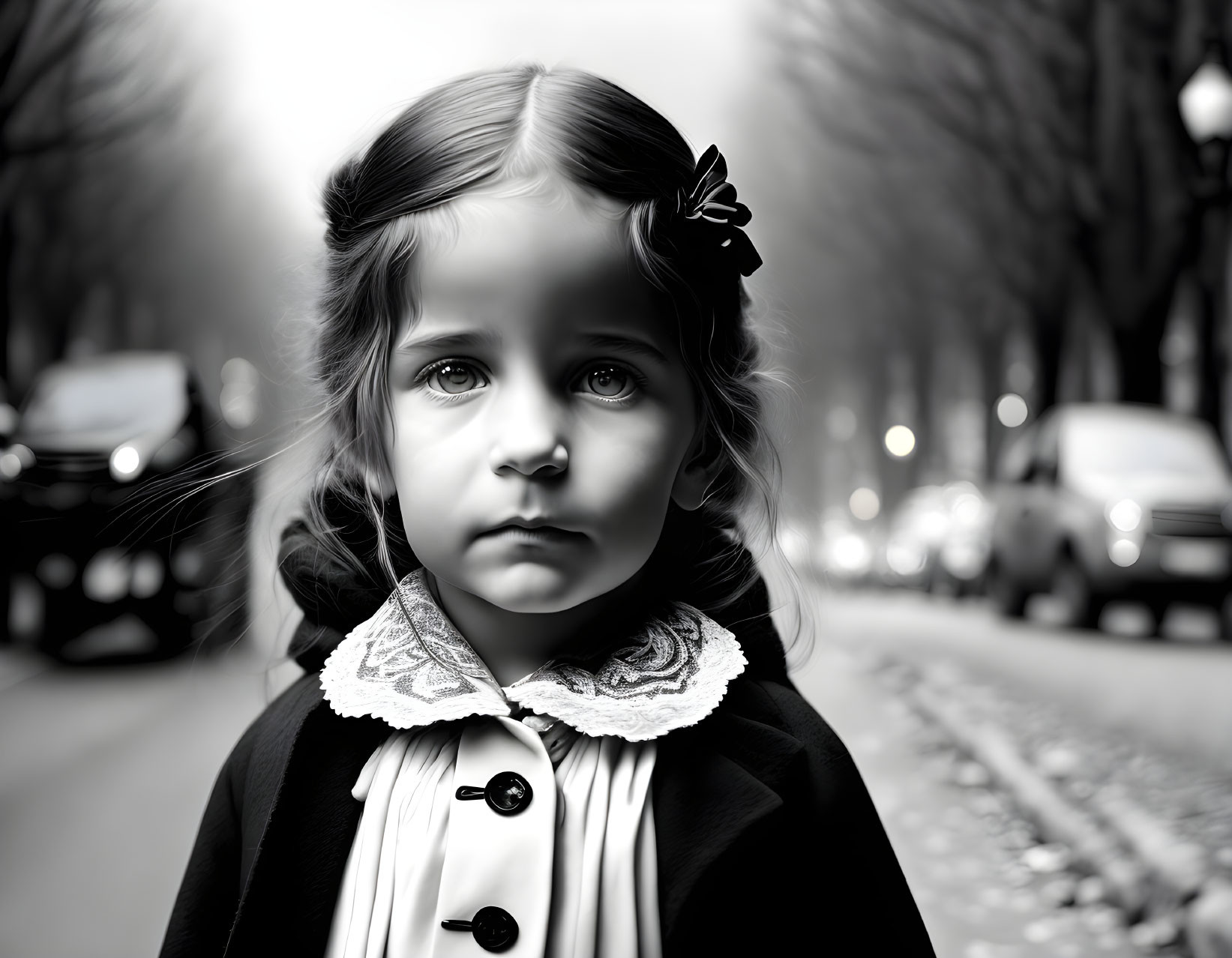 Monochrome image of young girl with bow, lace collar coat, blurred city street.