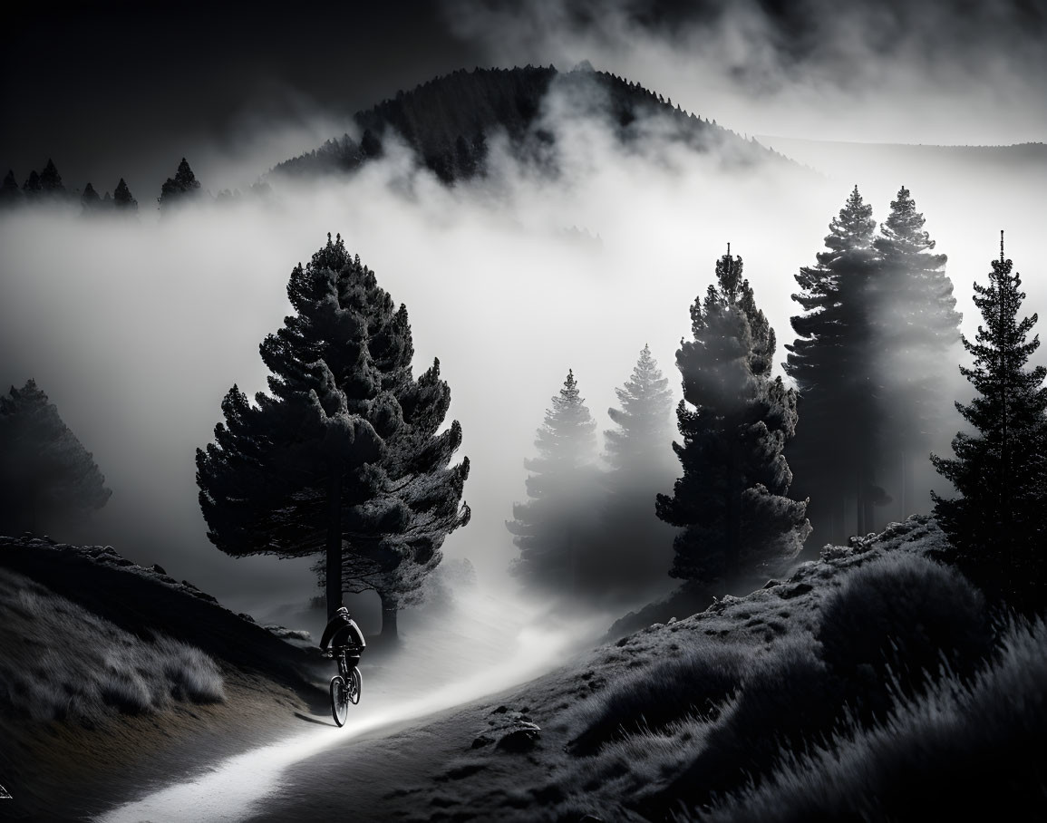 Cyclist riding misty mountain path with silhouetted trees in fog