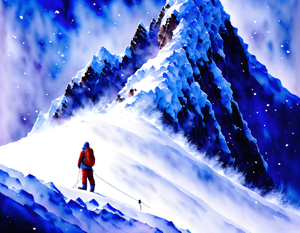 Snow-covered mountain climber under starry sky with icy peaks